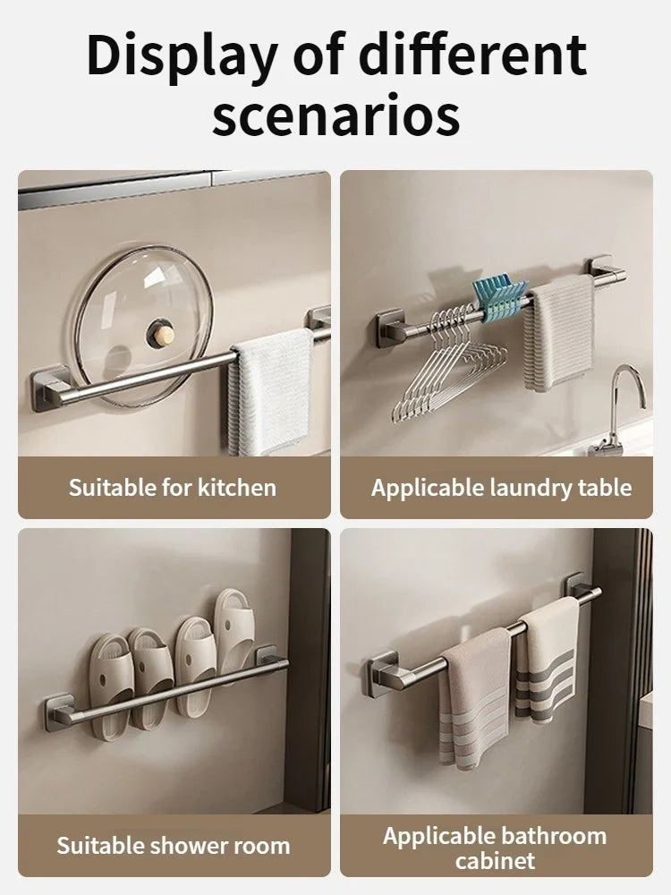 No-Drill Adhesive Towel Bar – Wall-Mount Towel Rack & Hook for Bathroom, Kitchen, Tile, Glass
