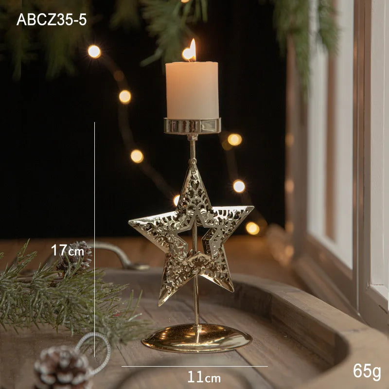 Golden Wrought Iron Christmas Candle Holder - Star, Elk & Tree Holiday Centerpiece for Table Decor