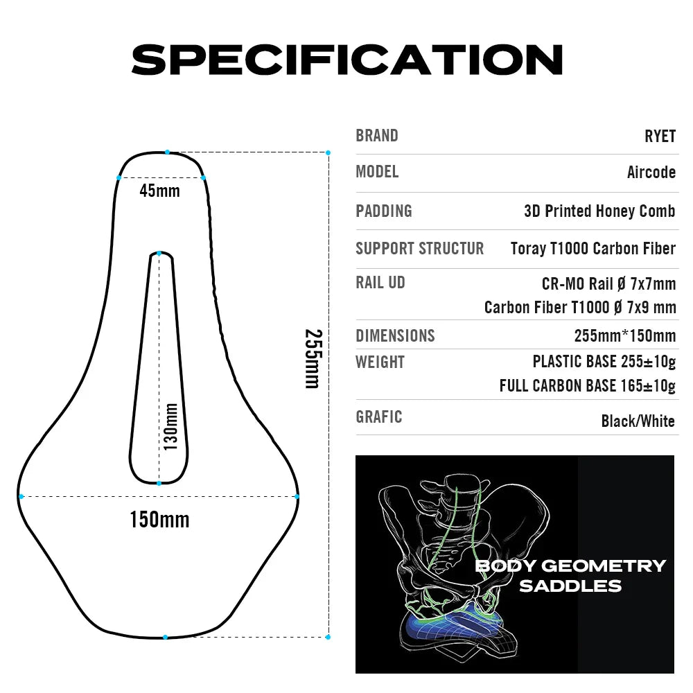 3D Printed Carbon Fiber Bicycle Saddle 255x150mm (10 x 5.9 in) – Ultralight Hollow Breathable MTB & Road Bike Seat