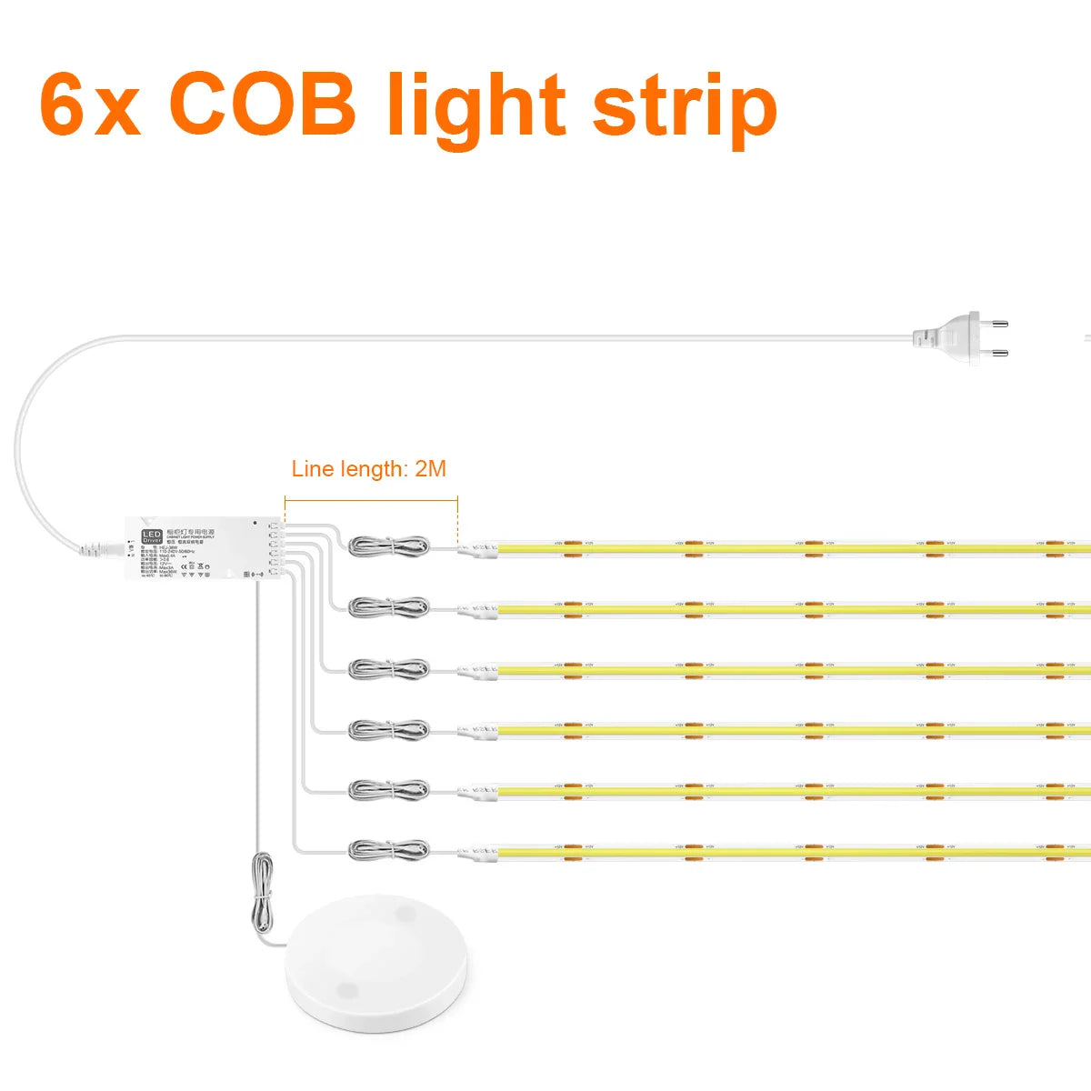 COB LED Strip Light with Penetrable Touch Dimmer – Waterproof 12V Cabinet & Closet Lighting, 1m/2m/3m/5m (39/79/118/197 in), 320 LEDs/m, Warm/Neutral/Cool