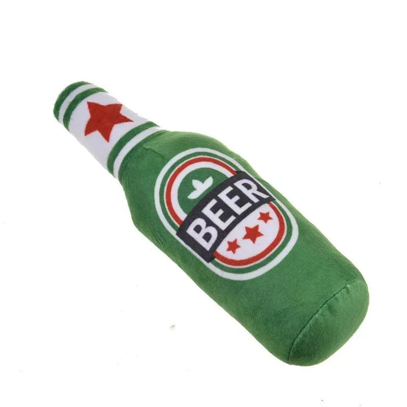 Plush Beer Bottle Dog Chew Toy - Squeaky, Bite-Resistant Interactive Toy for Small to Large Dogs, Teeth Cleaning