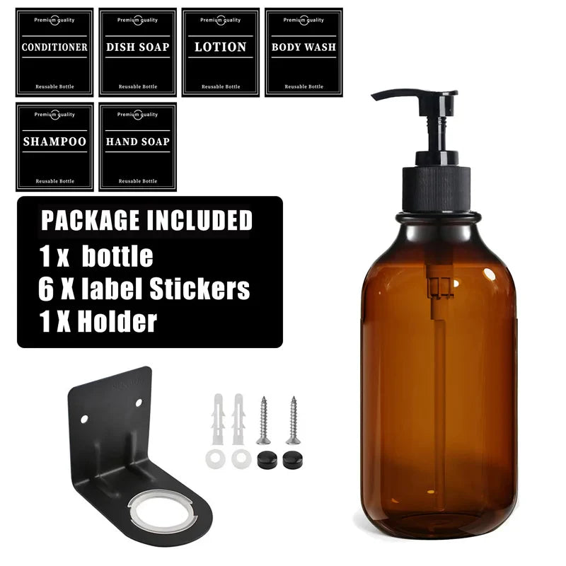 500ml (16.9 fl oz) Amber Refillable Pump Bottle Set with Black Label Stickers - Shampoo, Shower Gel & Liquid Soap Dispensers for Bathroom & Kitchen