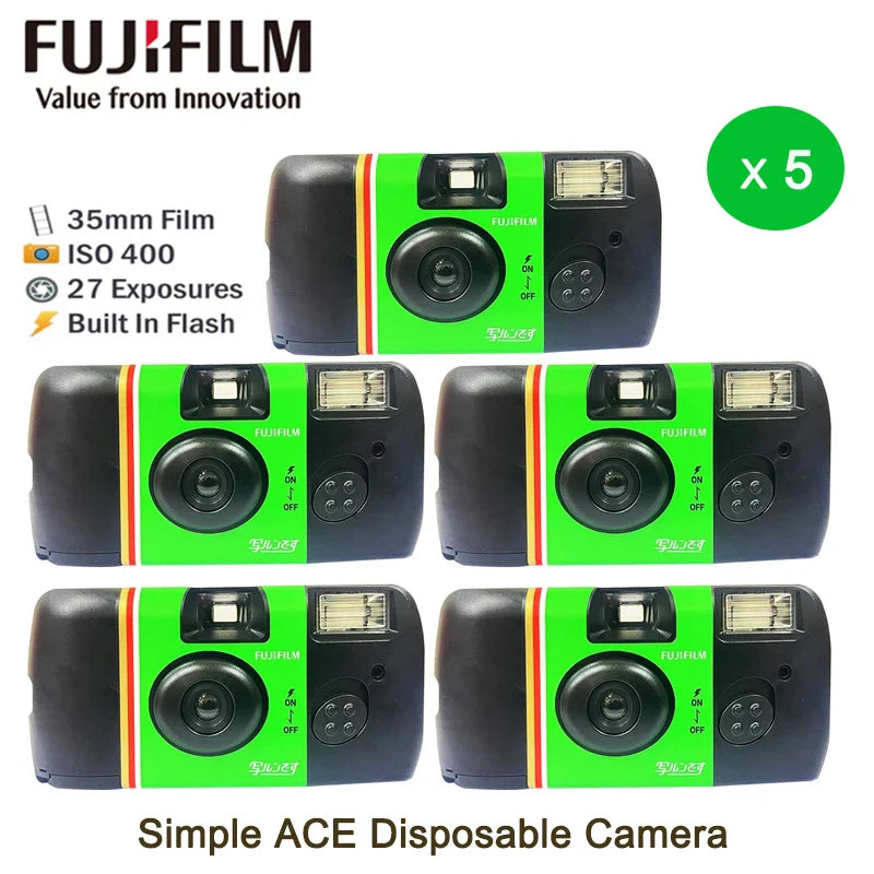 Single-Use Disposable Film Camera with Built-In Flash — 27 Exposures, ISO 400, 32mm Lens
