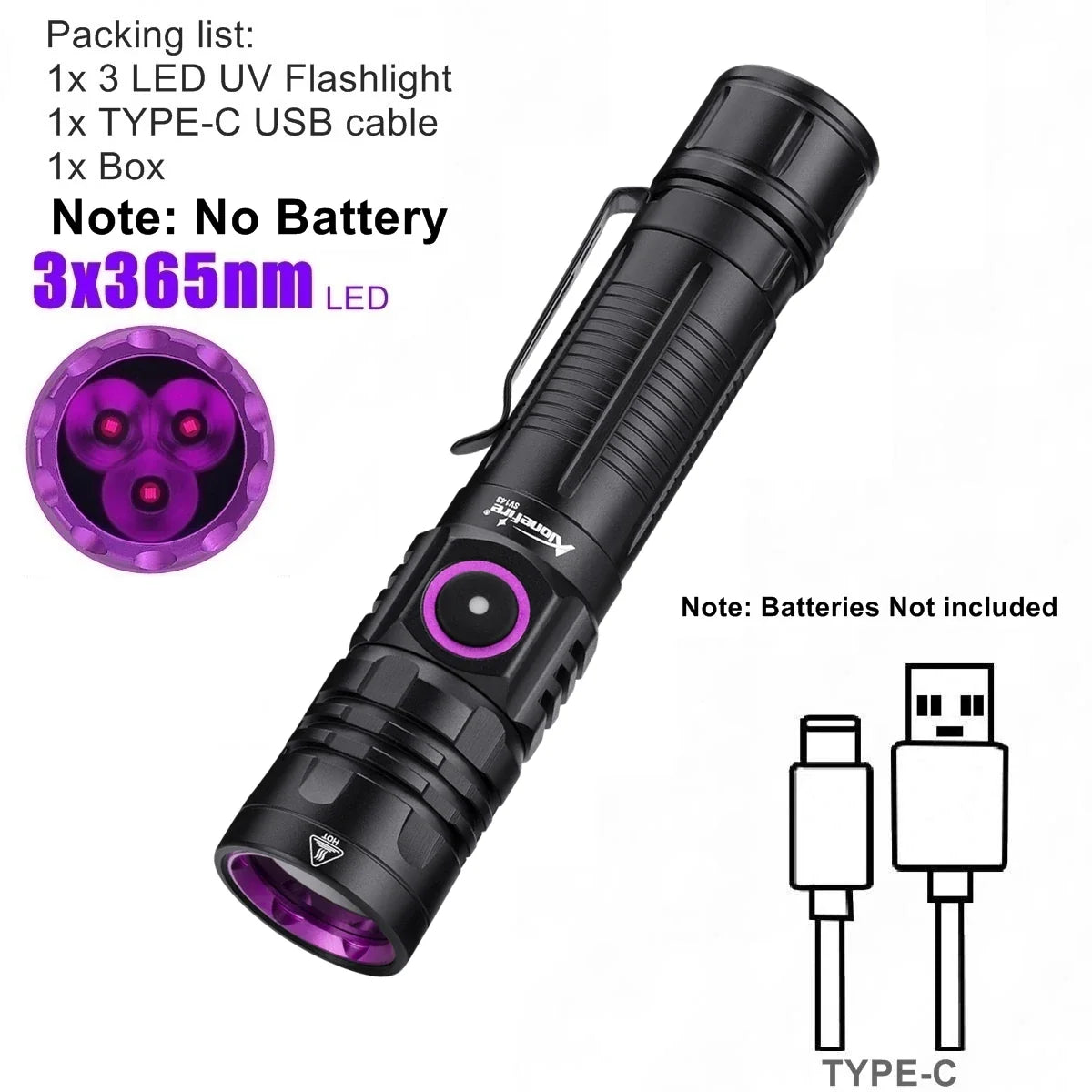 3-LED 365nm UV Blacklight Flashlight USB-C Rechargeable – Pet Stain & Scorpion Detector, UV Glue Curing Torch