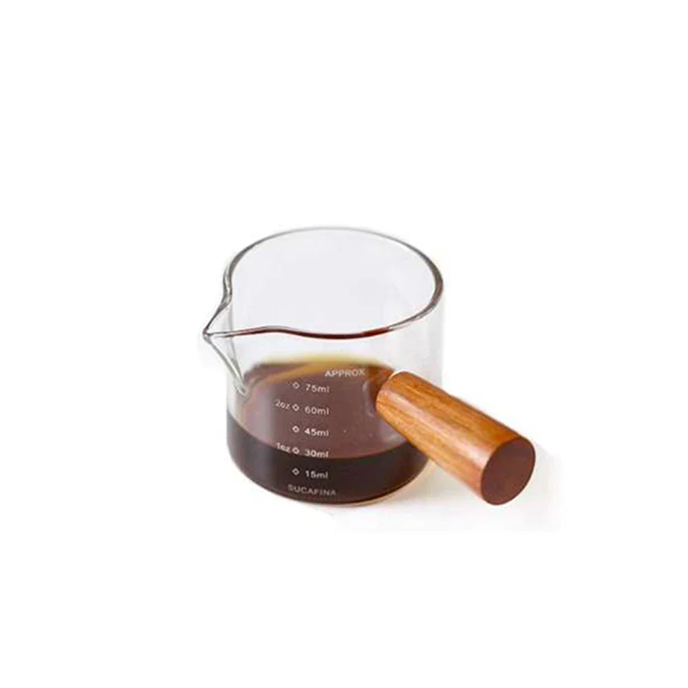 Heat-Resistant Glass Measuring Cup with Wood Handle - Clear Espresso & Milk Pouring Pitcher