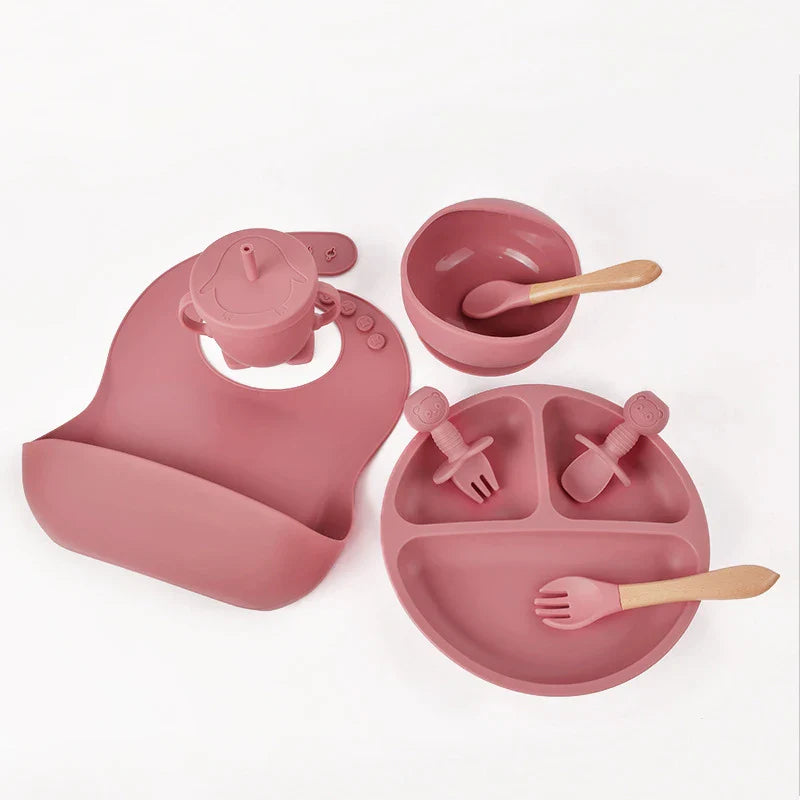 Baby Silicone Dinnerware Set 6/8-Piece with Suction Plate, Bib, Forks, Spoons, Straws & Cup – Feeding Set for Babies & Toddlers