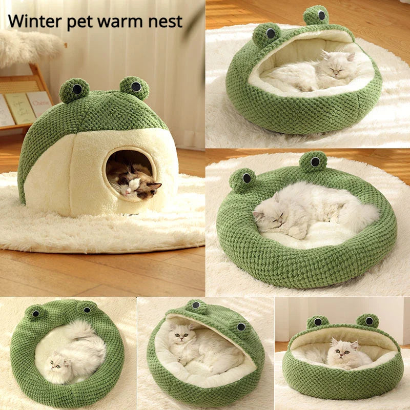 Frog-Shaped Semi-Enclosed Plush Pet Bed – Warm Cat House & Small Dog Den, Cozy Kitten Puppy Nest