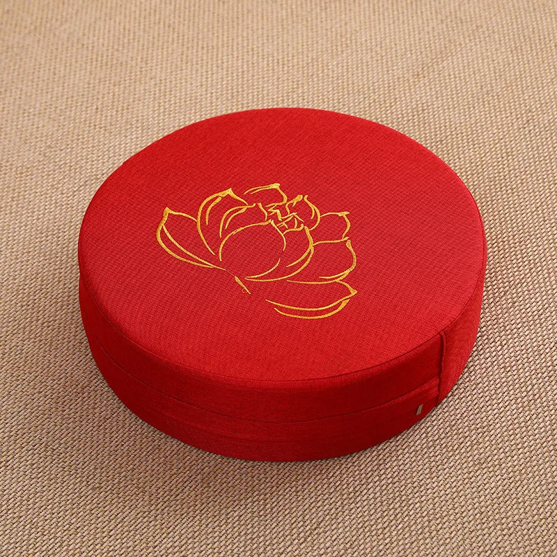 Round Linen Meditation Cushion 40 x 6 cm (16 x 2.4 in) - Firm Lotus Texture Floor Seat Pillow, Removable Washable Cover, Tatami Backrest