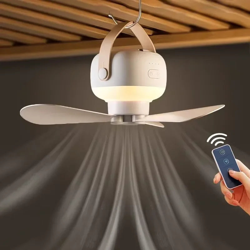 Mini Portable Rechargeable USB Ceiling Fan with LED Light & Remote for Camping & Home