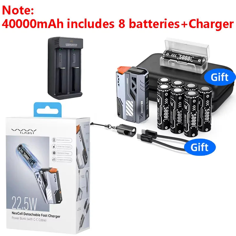 Replaceable Power Bank 10,000–40,000mAh | 22.5W Fast Charge External Battery Pack with Built-in Cable & USB-C