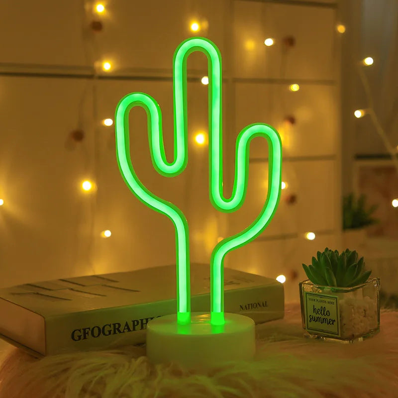 Green LED Cactus Neon Table Lamp with Base - Decorative Bedroom Night Light for Wedding & Party Decor
