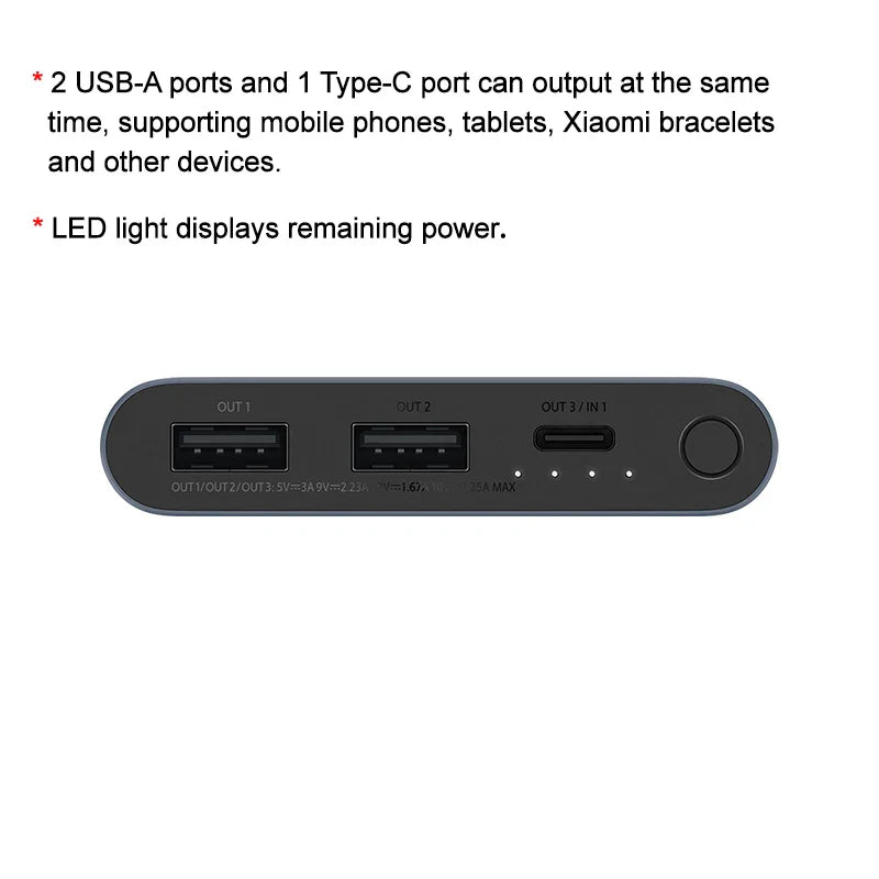 10000mAh 22.5W Portable Power Bank, 3-Port USB-C Fast Charge, Aluminum Alloy, Low-Current Mode – Compatible with iPhone & Android