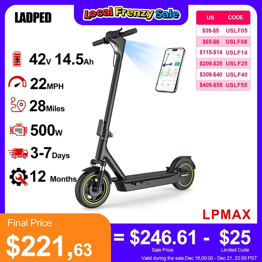 Folding Electric Scooter – 10-Inch Tires (25 cm), 500W Motor, 42V 14.5Ah Battery, 22 MPH (35 km/h) Top Speed, 28 Mile (45 km) Range, Dual Suspension