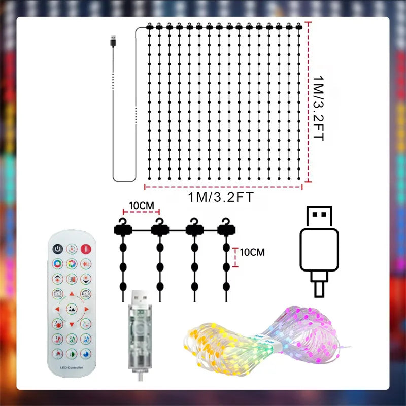 LED RGBIC Smart Curtain String Lights USB Powered App & Remote Control, Music Sync DIY Patterns, IP67 Waterproof — 1.6×1.6 m (5.25×5.25 ft) or 2.4×2.4 m (7.87×7.87 ft) for Bedroom Party Outdoor