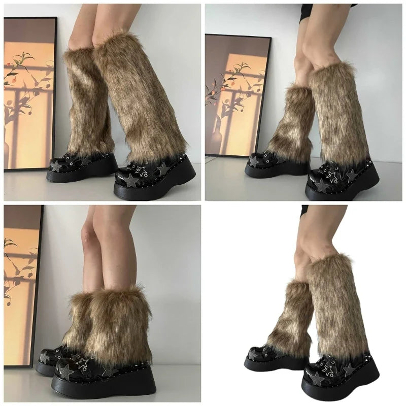 Faux Fur Leg Warmers Knee-High Boot Covers – Plush Y2K Goth Punk Warm Socks