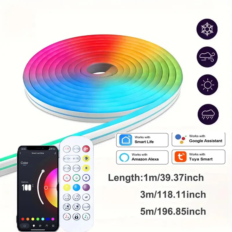 USB 5V RGB LED Neon Strip Light 1m/2m/3m/5m (3.3/6.6/9.8/16.4 ft) WiFi & Bluetooth Smart Strip Tuya Smart Life Alexa Compatible