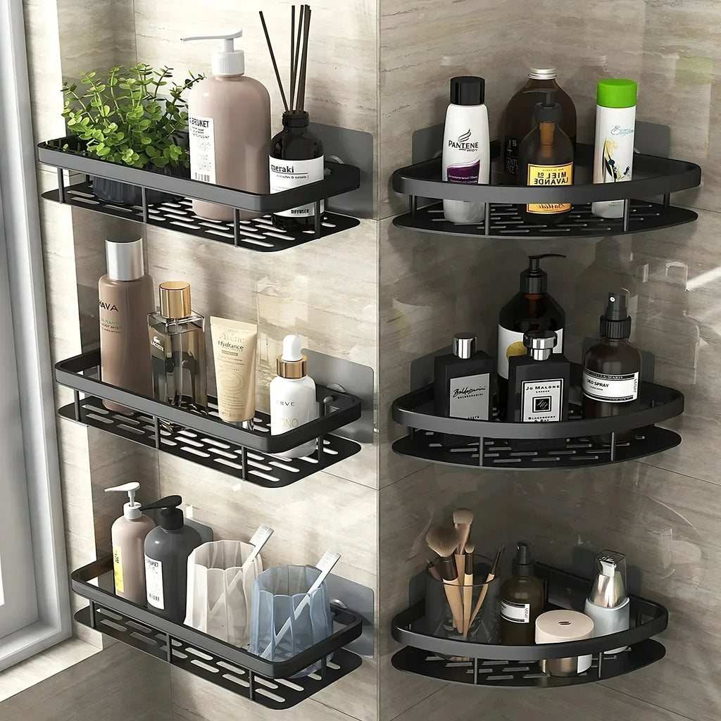 No-Drill Aluminum Alloy Bathroom Shower Shelf Wall-Mounted Shampoo Rack and Kitchen Organizer