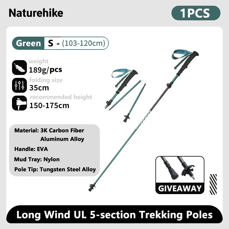 Ultralight Carbon Fiber 5-Section Folding Trekking Poles, Collapsible Quick-Lock Hiking Poles Adjustable 103–120 cm (40.6–47.2 in) or 115–135 cm (45.3–53.2 in)