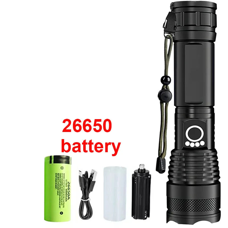 High-Power Rechargeable LED Tactical Flashlight, Aluminum Telescopic Zoom, USB-C, IPX65 Waterproof for Camping & Fishing