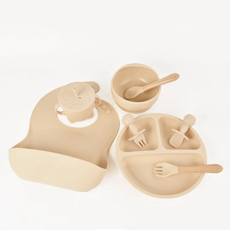 Baby Silicone Dinnerware Set 6/8-Piece with Suction Plate, Bib, Forks, Spoons, Straws & Cup – Feeding Set for Babies & Toddlers