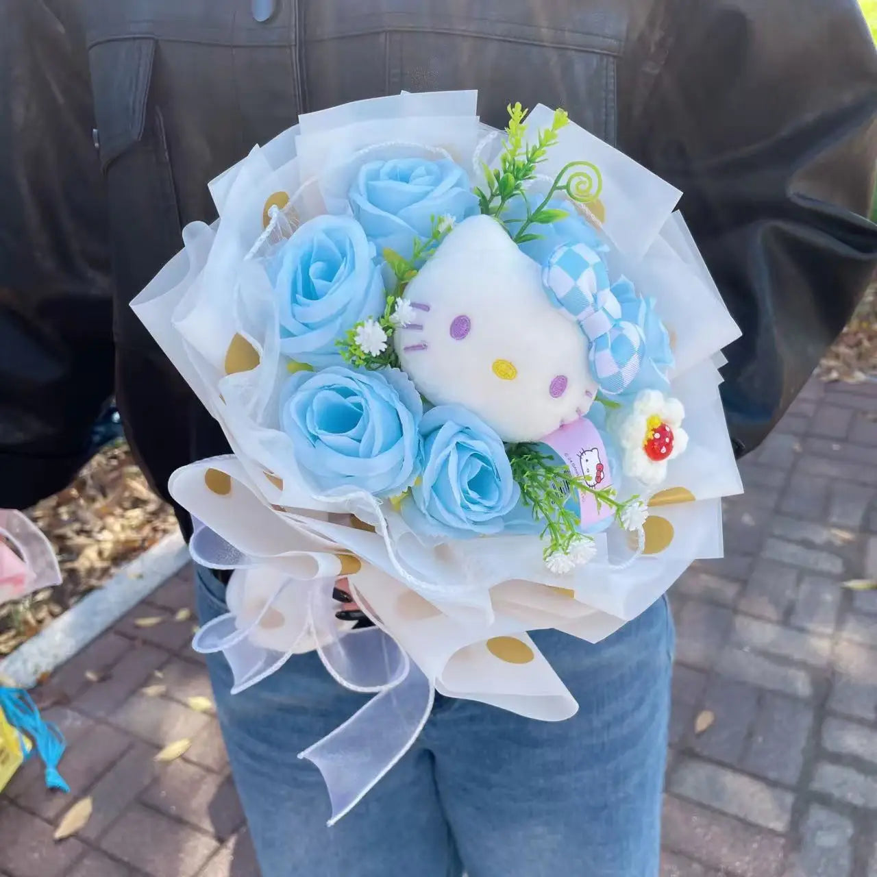Kawaii Cat Plush Bouquet with Artificial Flowers — Cute Plush Doll Gift for Her, Valentine, Birthday, Graduation