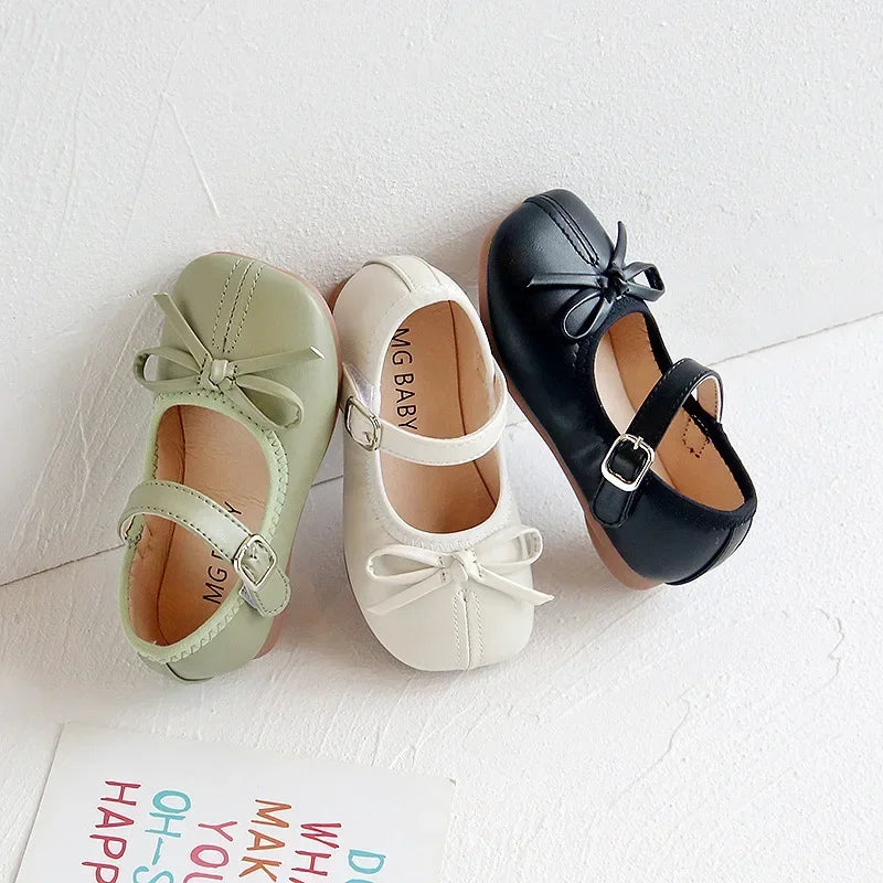 Girls PU Leather Mary Jane Flats with Butterfly Accent – Soft Sole Infant, Toddler & Kids Shoes