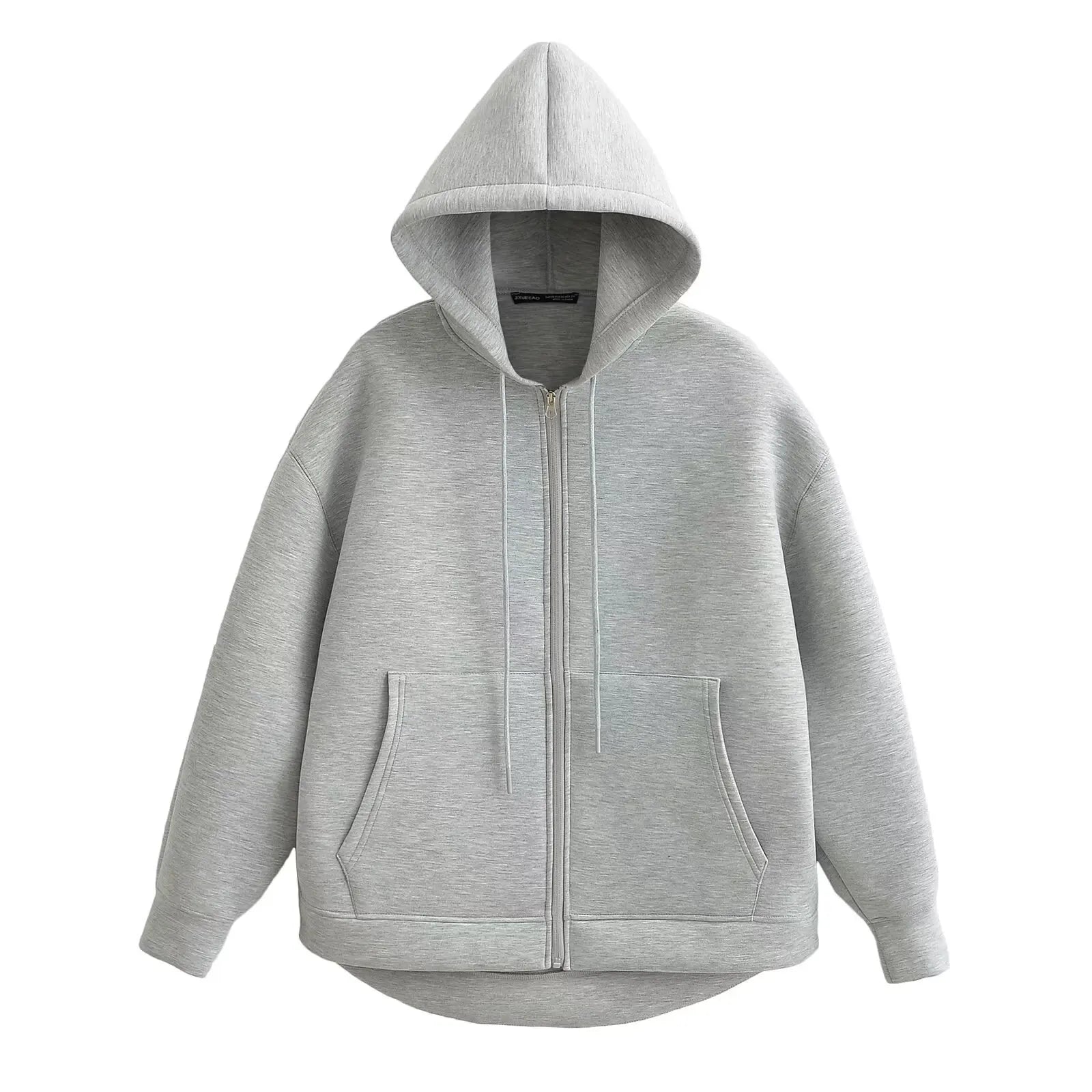 Women's Gray Hooded Zipper Jacket with Large Pockets Loose Long Sleeve Casual Coat