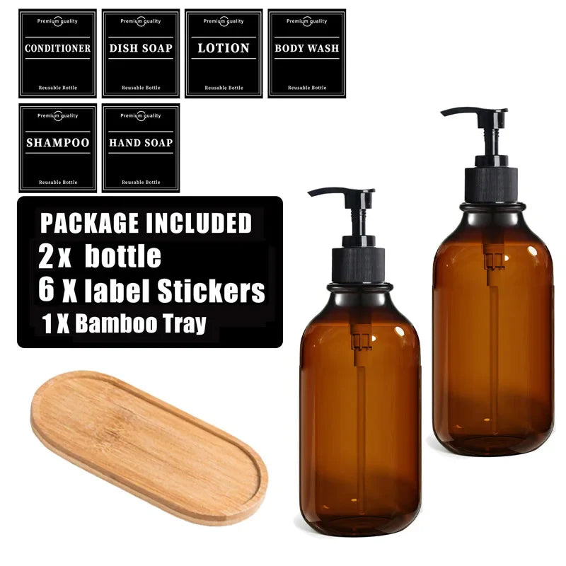 500ml (16.9 fl oz) Amber Refillable Pump Bottle Set with Black Label Stickers - Shampoo, Shower Gel & Liquid Soap Dispensers for Bathroom & Kitchen