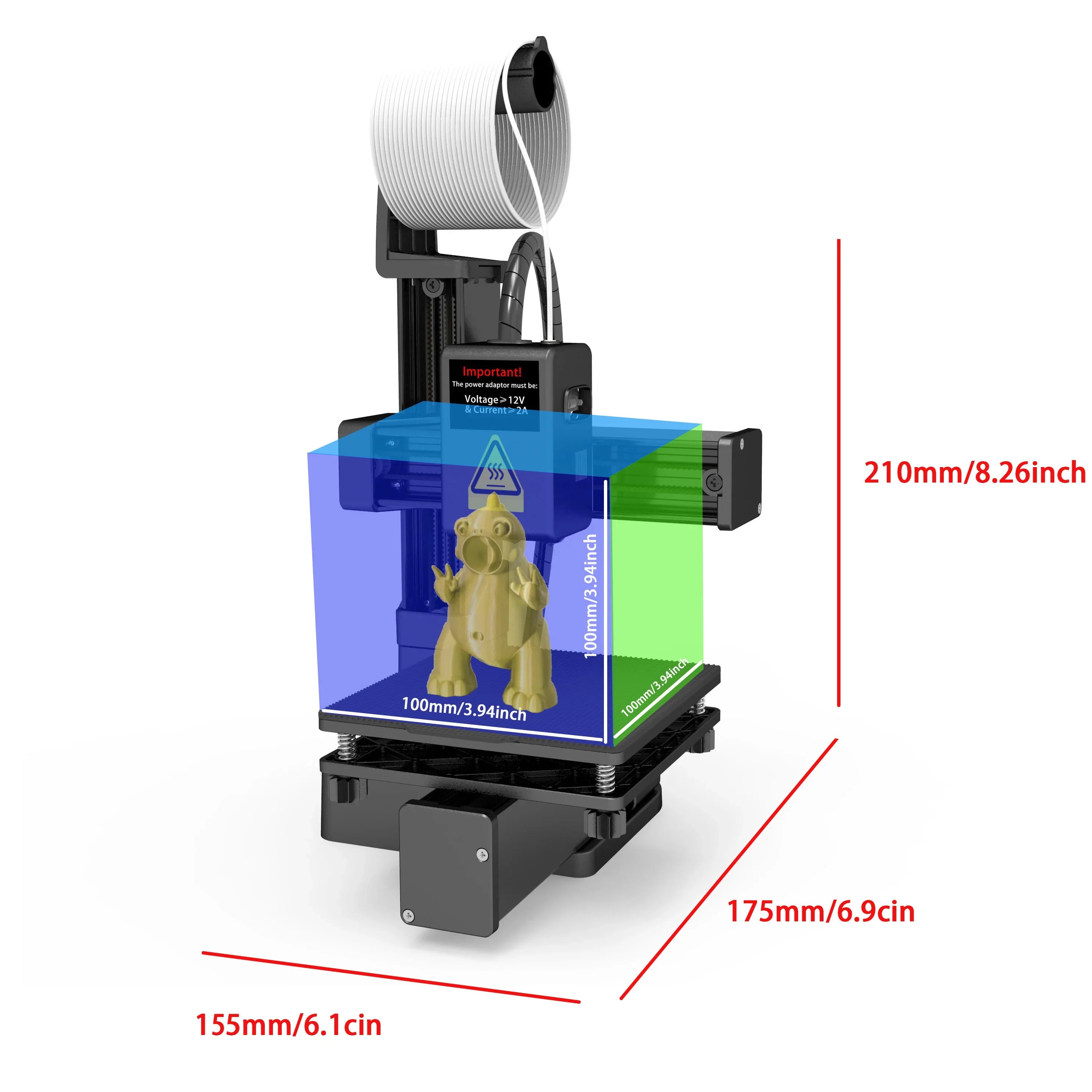 Entry-Level 3D Printer Compatible with PLA & TPU 1.75mm Filament, 100x100x100mm Build, Includes 12V Power Adapter