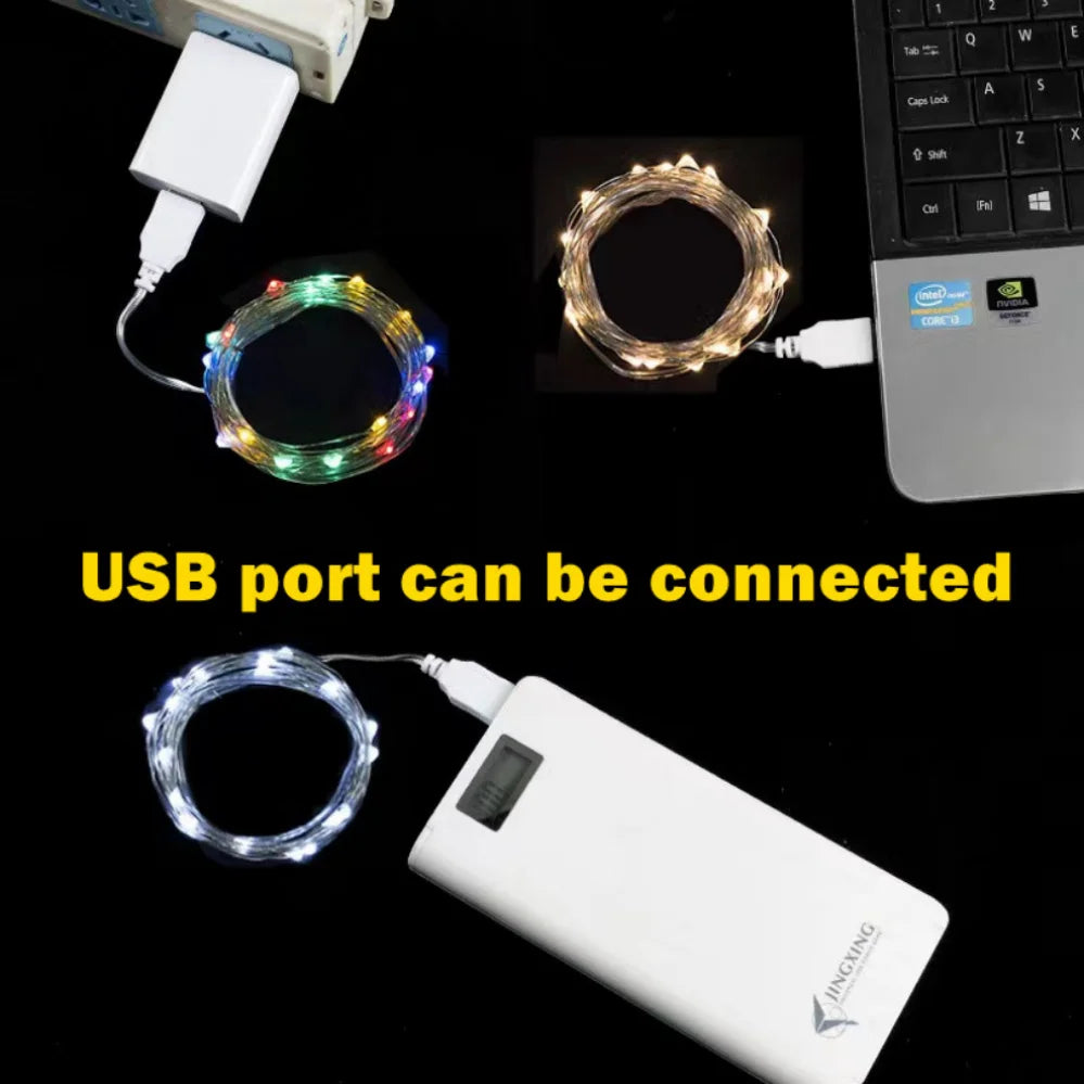 USB LED Fairy String Lights Copper or Silver Wire, Waterproof IP66, Multi-Color, 5/10/20 m (16/33/66 ft) USB Garland for Christmas Wedding Party