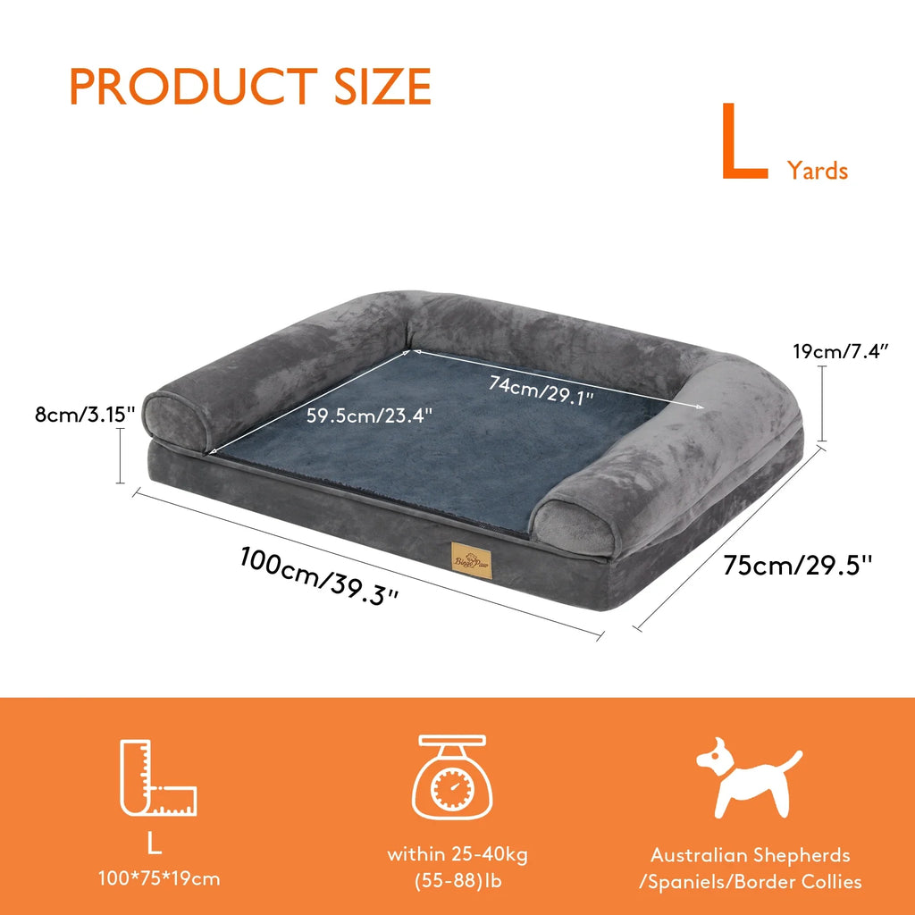 Orthopedic Dog Bed – Foam Pet Mattress Sofa with Bolster, Removable Washable Cover, Waterproof Liner (Sizes M-L-XL-2XL)