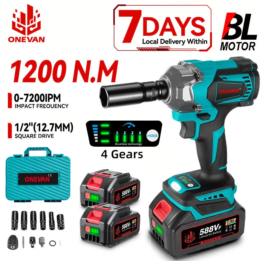 1200 N·m Brushless 1/2-Inch (12.7 mm) Cordless Impact Wrench – 18V Compatible, 3-Mode Portable Torque Tool