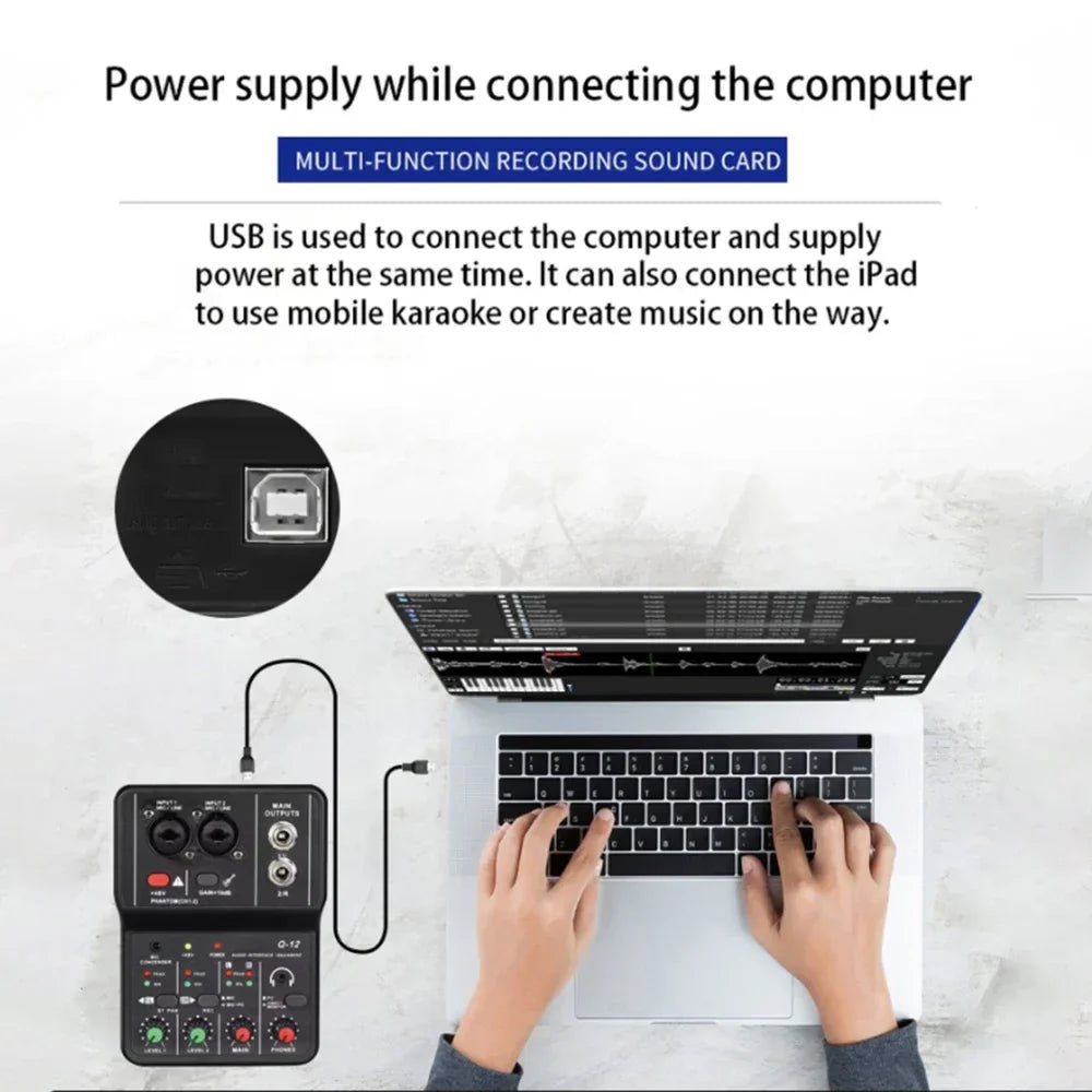 2-Channel Portable USB Audio Interface Mixer – Mini Sound Card for Guitar Recording, Studio Singing & Live Streaming