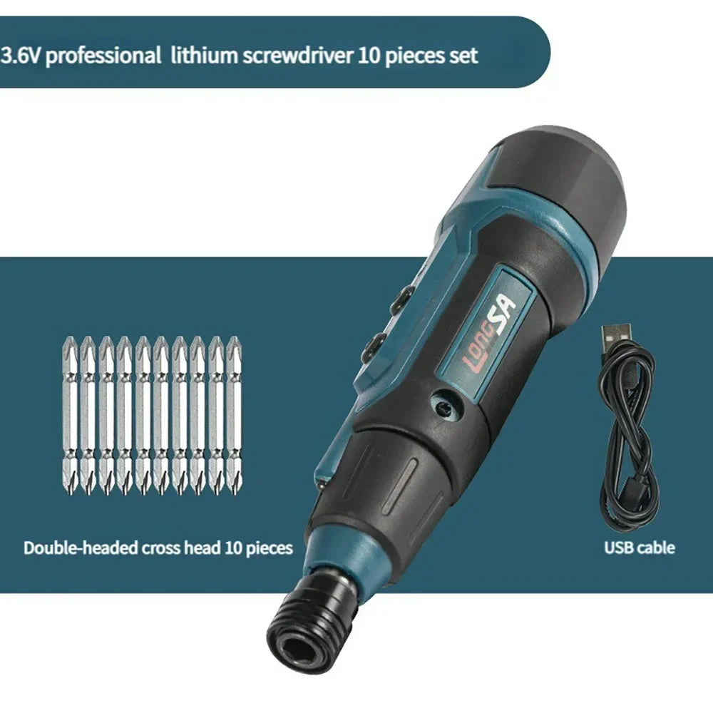 3.6V Mini Cordless Electric Screwdriver — Torque Adjustable Straight Handle, 6.35mm (1/4") Hex Chuck, 1300mAh Lithium Battery