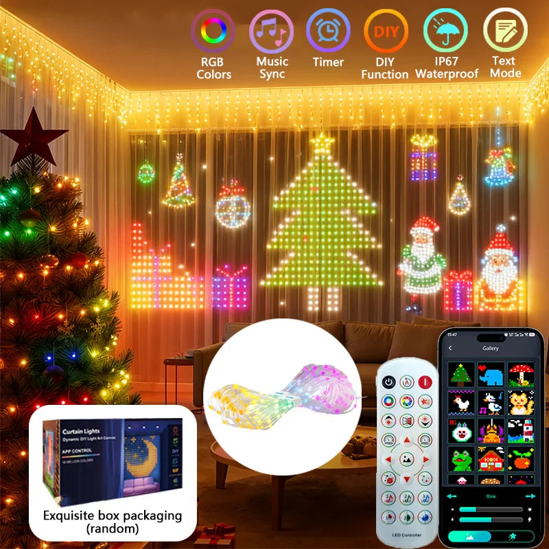 LED RGBIC Smart Curtain String Lights USB Powered App & Remote Control, Music Sync DIY Patterns, IP67 Waterproof — 1.6×1.6 m (5.25×5.25 ft) or 2.4×2.4 m (7.87×7.87 ft) for Bedroom Party Outdoor
