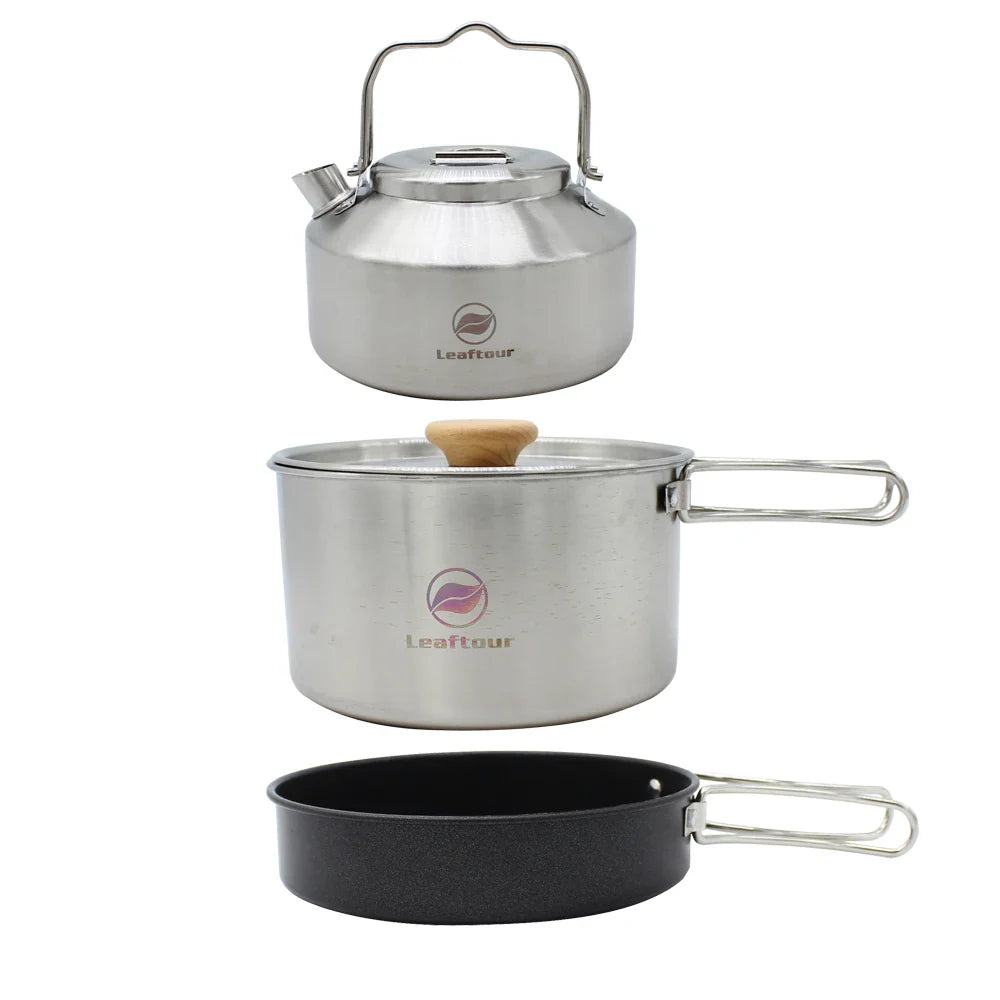 Stainless Steel Camping Cookware Set – Kettle, Pot & Pan for 2–3 People, Portable Outdoor Cooking