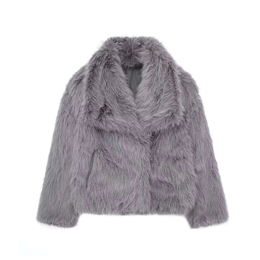 Cropped Faux Fur Jacket for Women – Long Sleeve Snap-Button Lapel Collar Thick Winter Coat