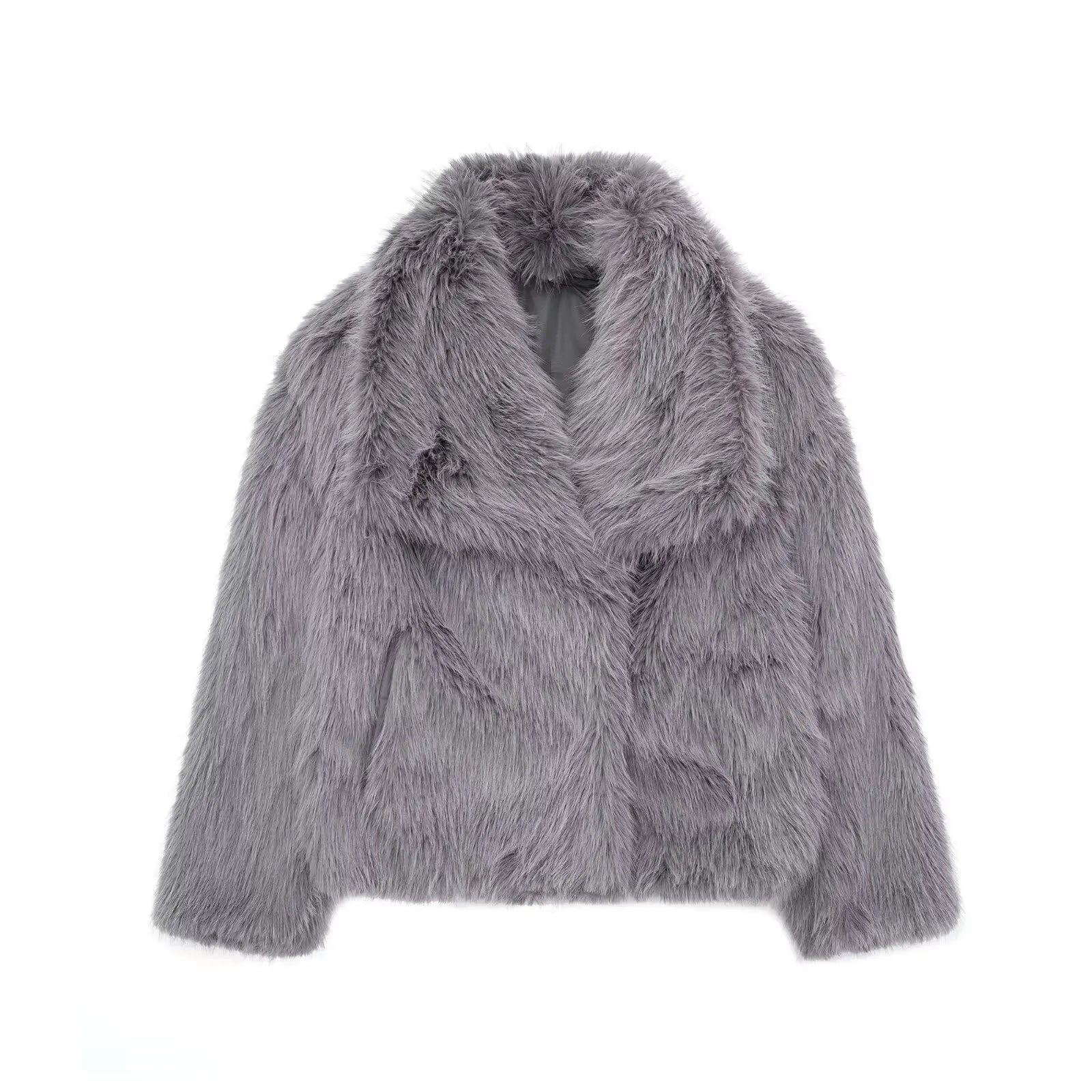 Cropped Faux Fur Jacket for Women – Long Sleeve Snap-Button Lapel Collar Thick Winter Coat