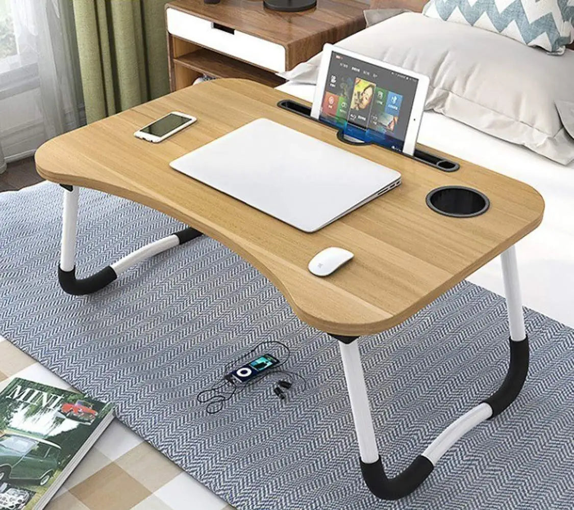 Adjustable Laptop Lap Desk 23" (58 cm) Walnut, Portable Bed Tray with Storage, Built-in Cup & Tablet Holder for Couch & Floor
