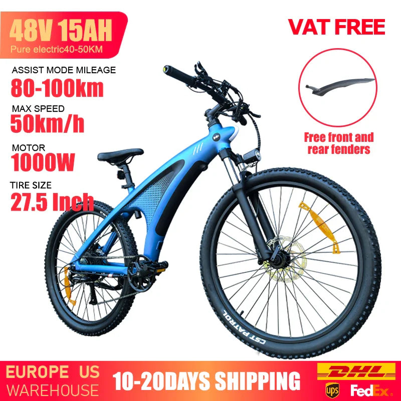 2000W 48V 20Ah Electric Mountain E-Bike — 27.5 in Fat Tire Adult Ebike, IPX6