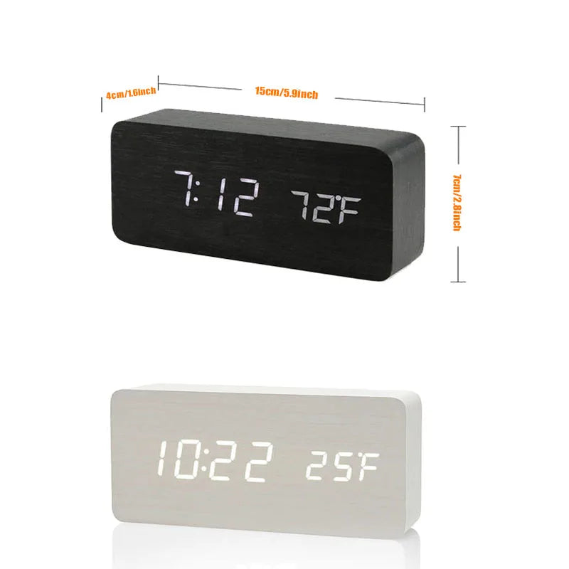 Wooden LED Digital Alarm Clock with Temperature Display — 3 Alarms & Adjustable Brightness, USB Bedside Desk Clock