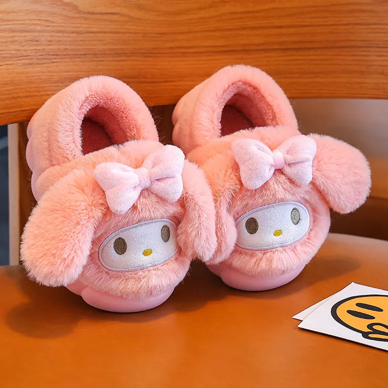Kawaii Anime Plush Indoor Non-Slip Winter Slippers for Kids — Soft Cotton Flat Sole, Cute Cartoon Gift