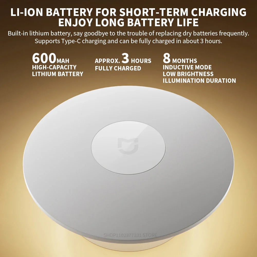 Rechargeable Infrared Motion LED Night Light – Magnetic Base, USB-C, Adjustable Brightness, 3.7 in (95 mm), Warm 2700K
