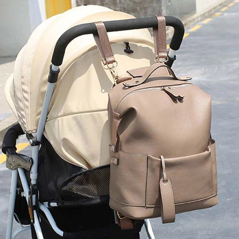 PU Leather Diaper Bag — Large Capacity Maternity Backpack with Changing Pad & Detachable Stroller Straps