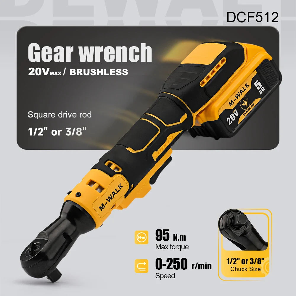 Cordless Electric Ratchet Wrench 95 N·m, 3/8 in (9.5 mm) & 1/2 in (12.7 mm) Impact Driver, Brushless, 20V Battery Compatible