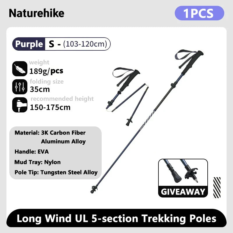 Ultralight Carbon Fiber 5-Section Folding Trekking Poles, Collapsible Quick-Lock Hiking Poles Adjustable 103–120 cm (40.6–47.2 in) or 115–135 cm (45.3–53.2 in)
