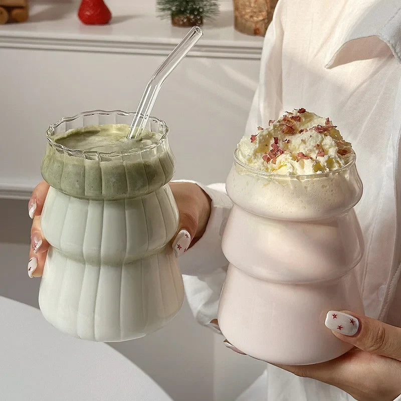 Vertical Striped Clear Glass Cup - Aesthetic Drinkware for Milk Tea, Coffee & Juice