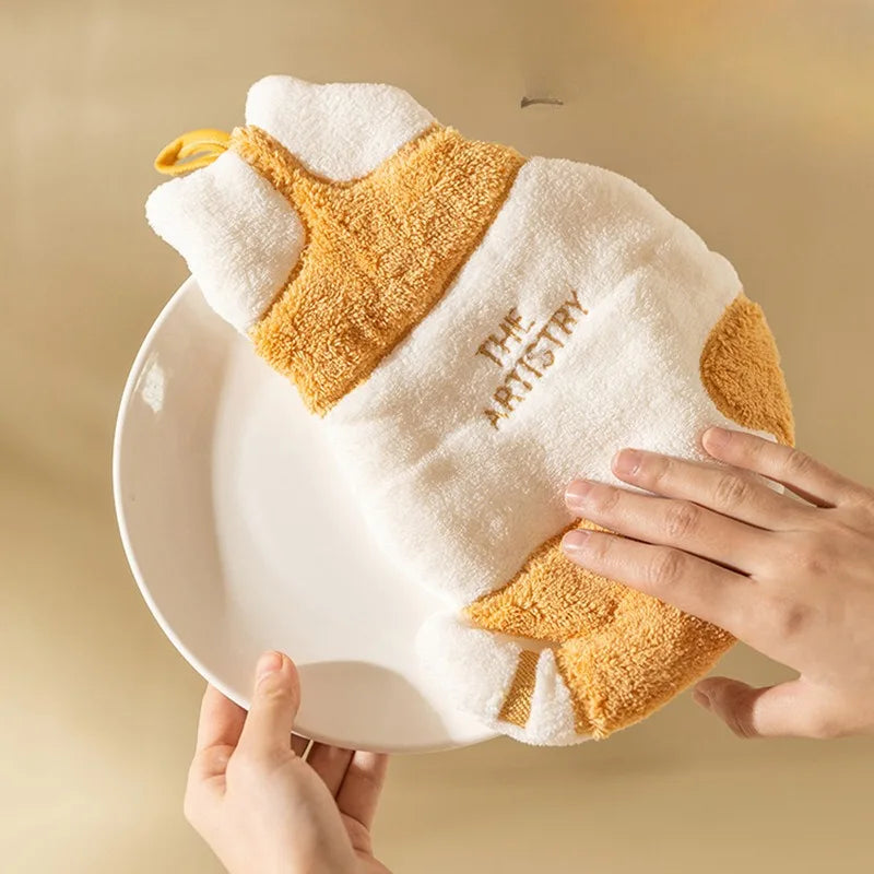 Cute Cat Hanging Hand Towel - Soft Absorbent Coral Fleece Kitchen & Bathroom Towel 30 x 21 cm (11.8 x 8.3 in)