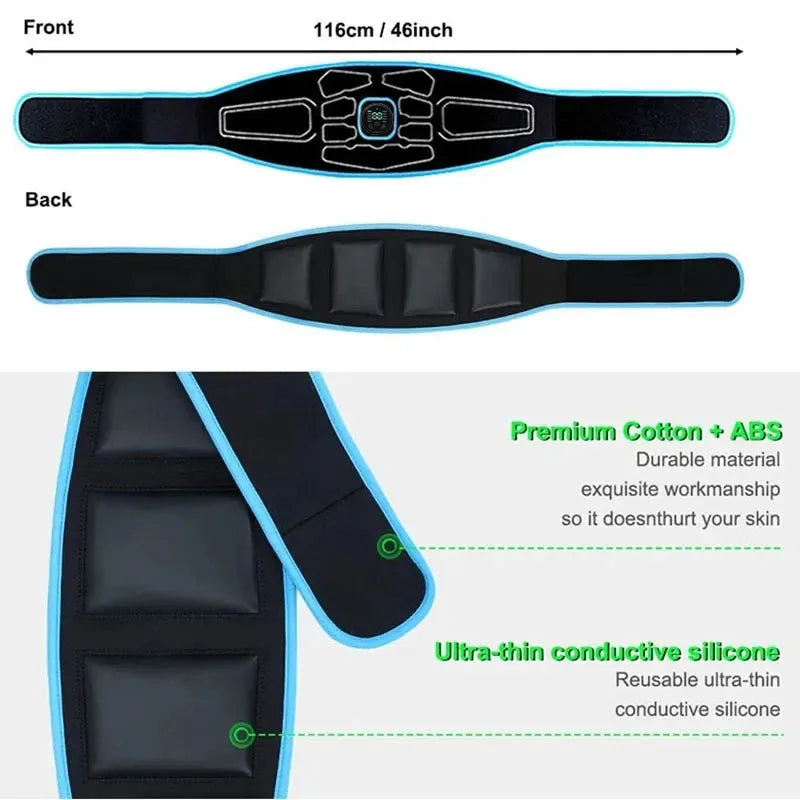 EMS Abdominal Muscle Stimulator Belt — USB Rechargeable, 10 Modes & 30 Intensity Levels, Adjustable 116 cm (45.7 in)
