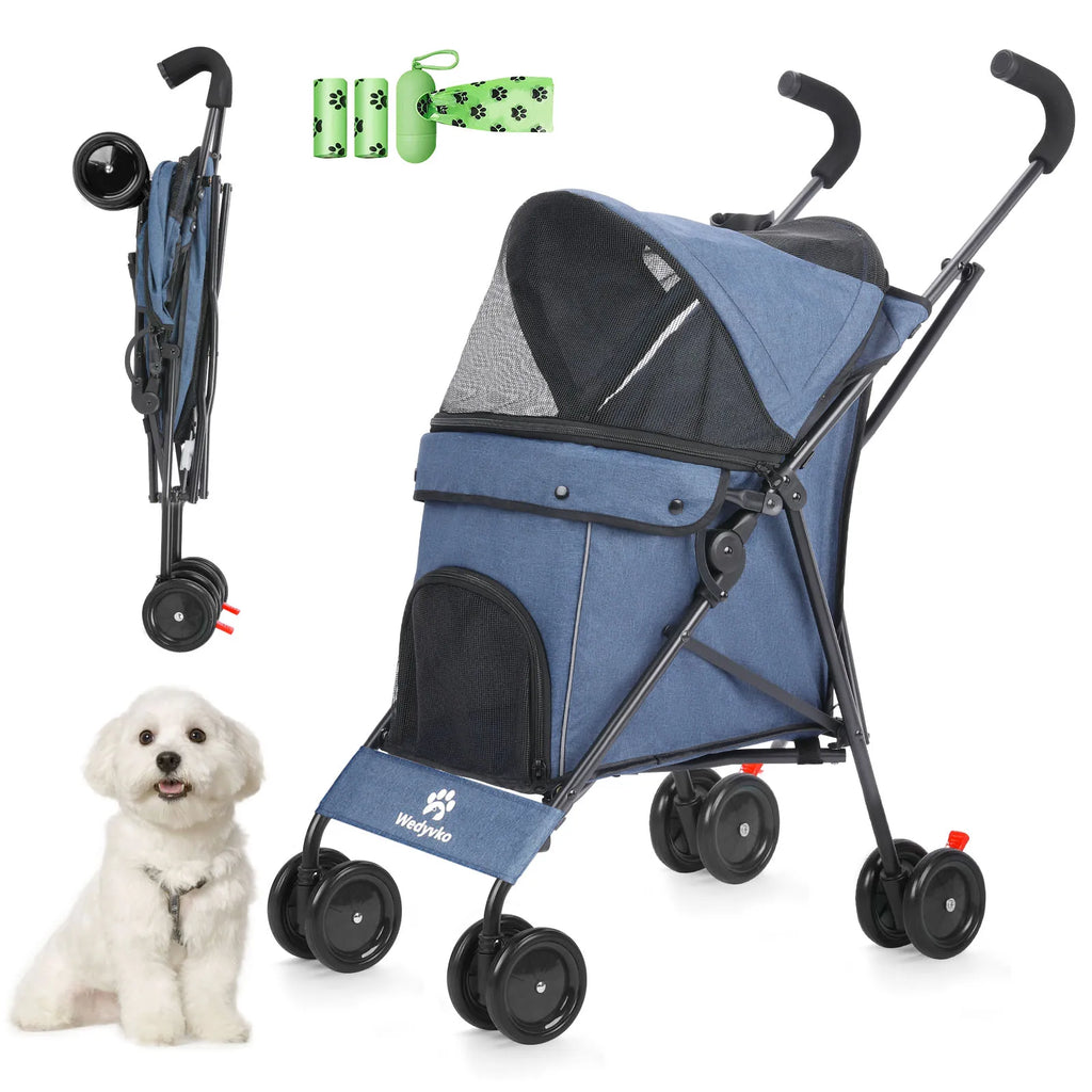 4-Wheel Pet Stroller for Dogs & Cats with Rotating Front Wheels, Brakes and Storage for Travel & Outdoor